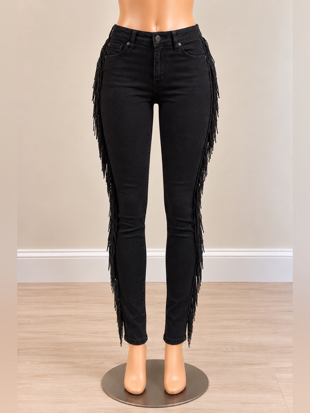 Posh By V Denim Blvd Black Fringe High Rise Skinny Jeans Western NWT